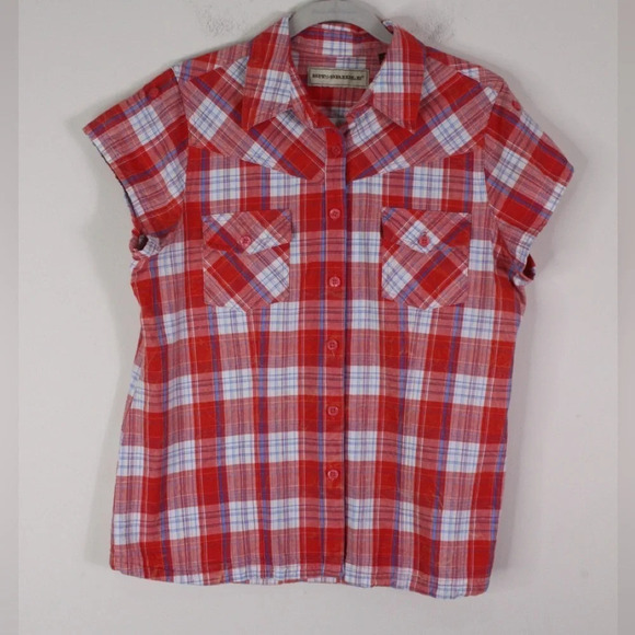 Bit & Bridle Western Plaid Button-Up Shirt – Red Blue White – Size Large - Picture 2 of 7